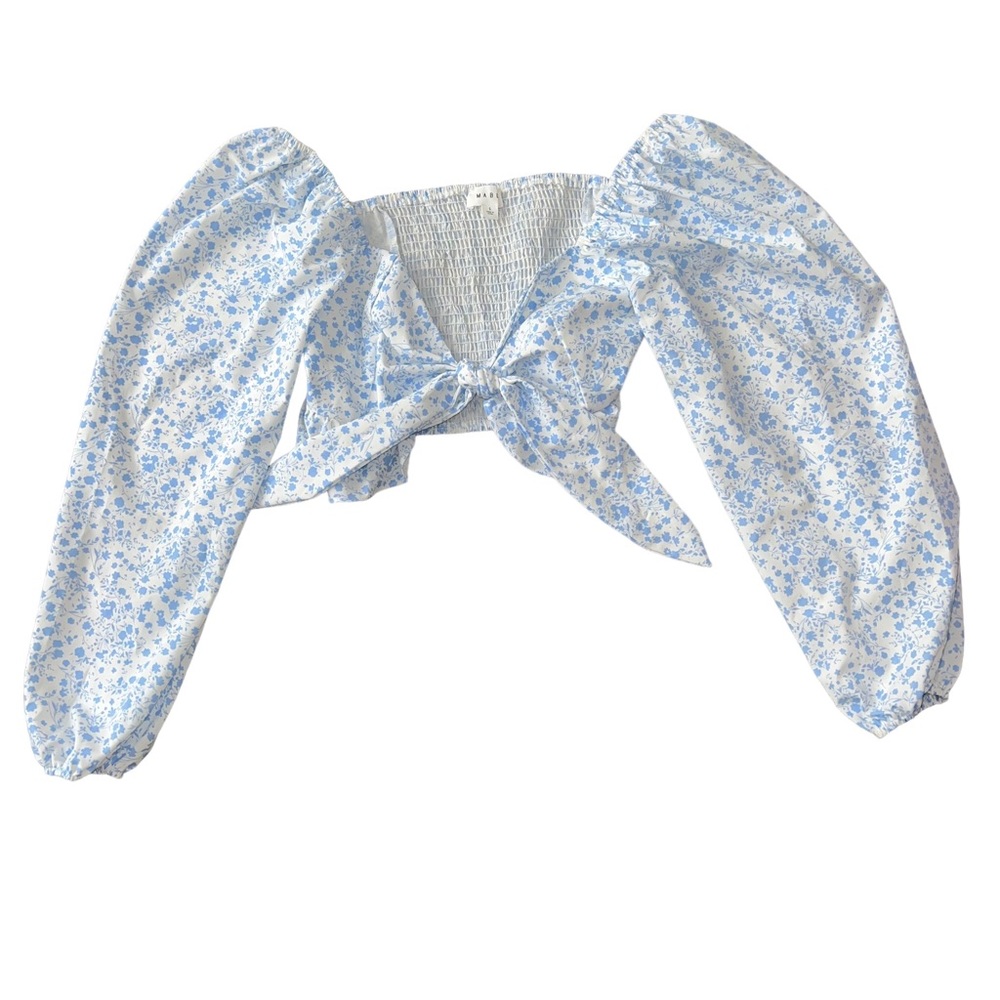 Taylor Smocked Tie Front Crop Top - Blue - Small